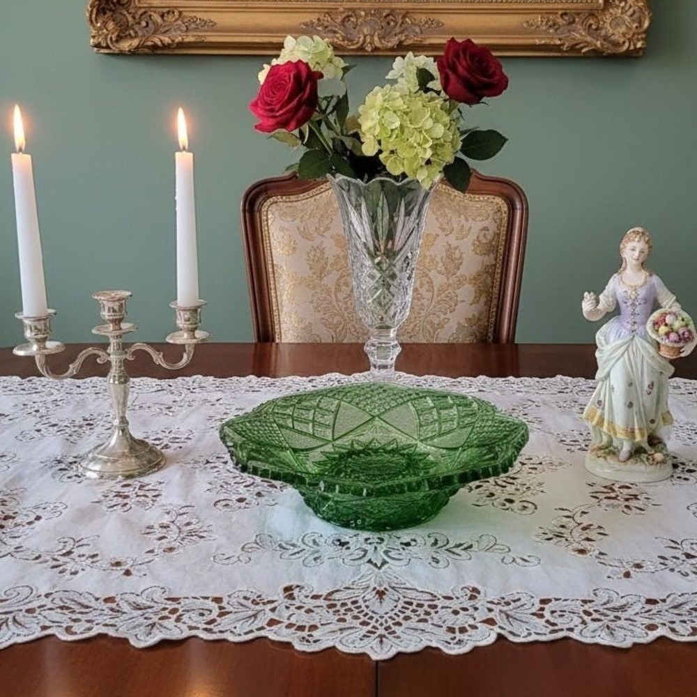 Vintage Green Pressed Glass Bowl Starburst Geometric Pattern Scalloped Edge 8in - Picture 2 of 5